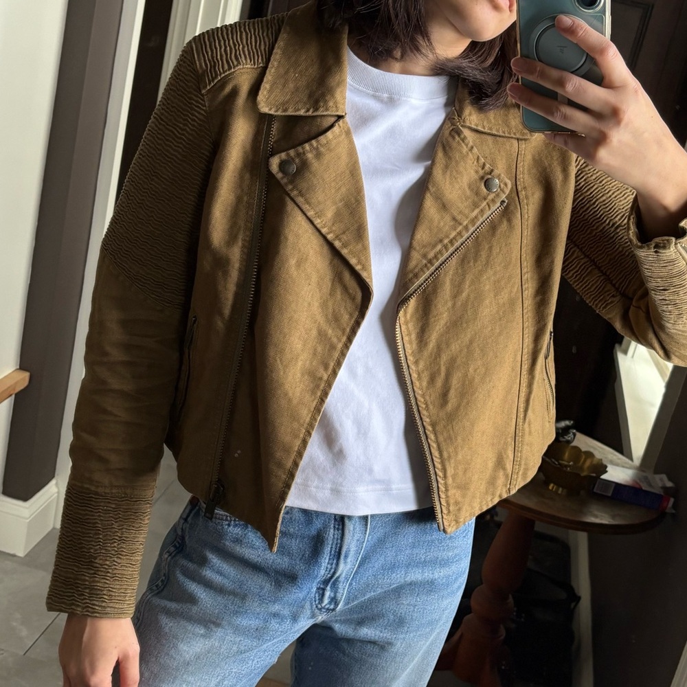 Aritzia Wilfred Free Olive Green Linen Moto Jacket